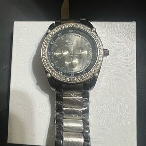 Geneva Silver date, time, month Watch Stainless Steel with CZ diamonds.
